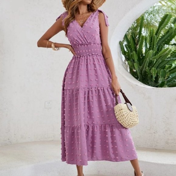 Boho Purple Swiss Dot Tie Shoulder V Neck Shirred Waist Dress - Picture 6 of 7